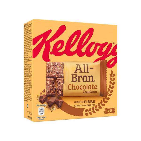KELLOGG'S ALL BRAN CHOCOLATE BARS 6x40gr