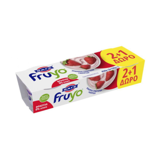 FAGE FRUYO STRAINED YOGHURT WITH STRAWBERRY 0% FAT (2+1FREE) 3x150gr