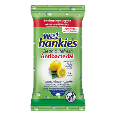 WET HANKIES CLEAN & REFRESH ANTIBACTERIAL WIPES LEMON 15pcs