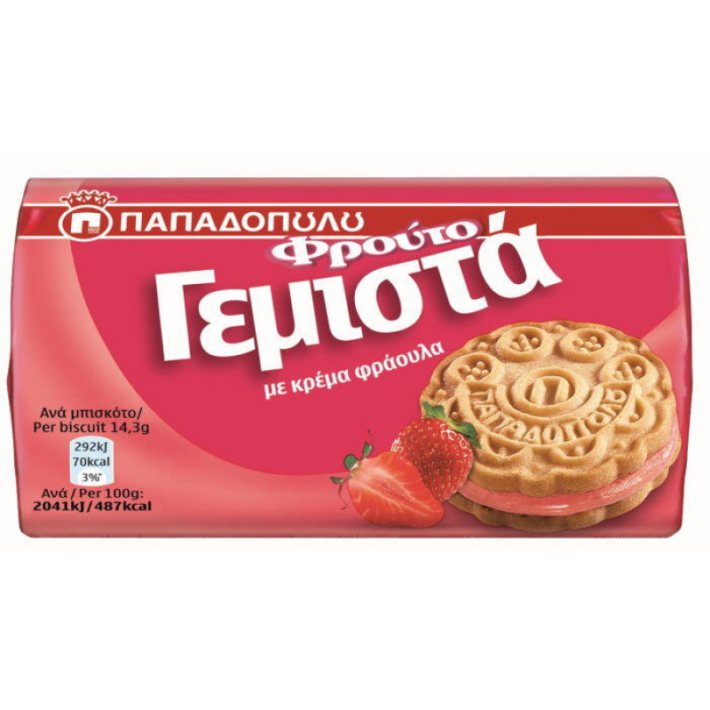 PAPADOPOULOU SANDWICH BISCUITS WITH STRAWBERRY CREAM FILLING 85gr