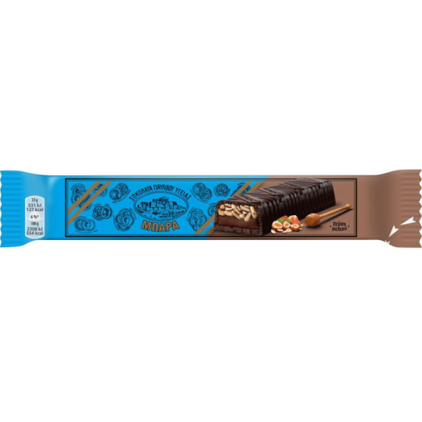 PAVLIDIS BAR COVERED WITH BITTER CHOCOLATE, FILLED WITH COCOA-HONEY FLAVOURED CREME & HAZELNUTS 46gr