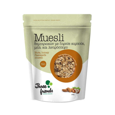 THREE FRIENDS MUESLI WITH NUTS, HONEY AND FLAXSEEDS 375gr bio