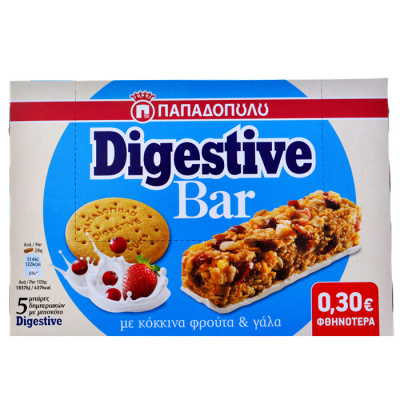 PAPADOPOULOU DIGESTIVE BAR RED FRUIT & MILK 5pcs 28gr