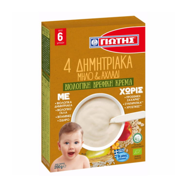 GIOTIS 4 CEREALS WITH APPLE & PEAR CREAM FOR BABIES 200gr bio