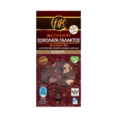 HEALTHY BITES MILK CHOCOLATE WITH 30% COCOA,CRANBERRIES, RAISINS & ALMONDS 100gr