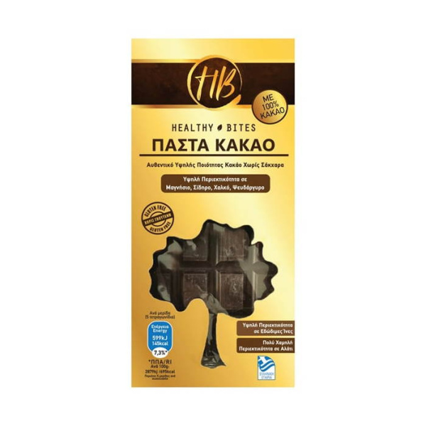 HEALTHY BITES GLUTEN FREE COCOA PASTE WITH COCOA 100% WITHOUT SUGAR 100gr