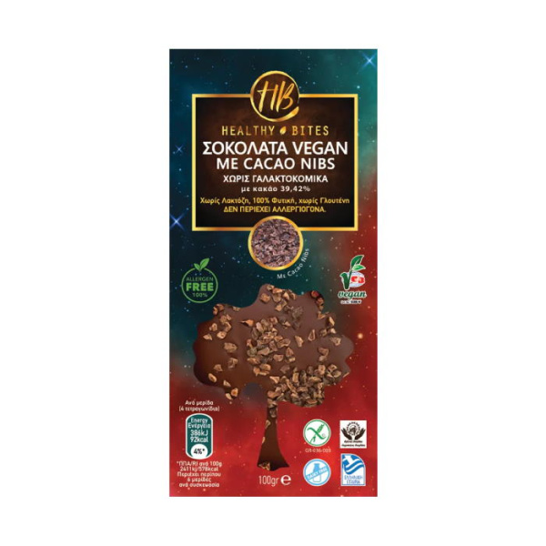 HEALTHY BITES VEGAN CHOCOLATE WITH CACAO 39,42% & CACAO NIBS 100gr
